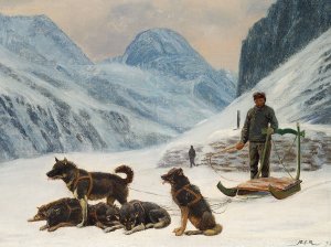 En gronlaender holder hvil ved sin hundeslaede by Carl Rasmussen Oil Painting