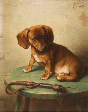 A Dachshund Puppy by Carl Reichert Oil Painting