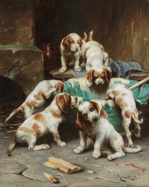 Beagle Puppies Feasting by Carl Reichert Oil Painting