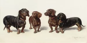 Four Dachshunds by Carl Reichert Oil Painting
