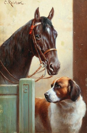 Friends, a Bay and a St Bernard in a Stable by Carl Reichert Oil Painting
