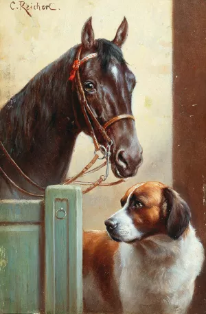 Friends, a Bay and a St Bernard in a Stable by Carl Reichert Oil Painting