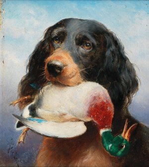 Gordon Setter with Mallard Duck Oil painting by Carl Reichert
