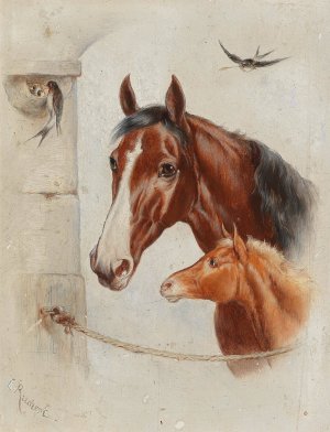 Idyllic Stable Scene by Carl Reichert Oil Painting