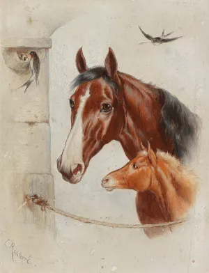 Idyllic Stable Scene by Carl Reichert Oil Painting
