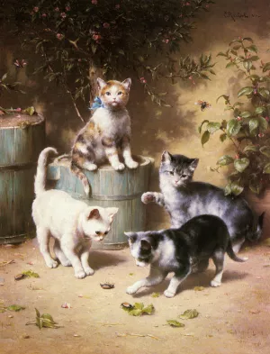 Kittens Playing with Beetles by Carl Reichert Oil Painting