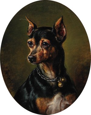 Pinscher in Collar with Bells by Carl Reichert Oil Painting