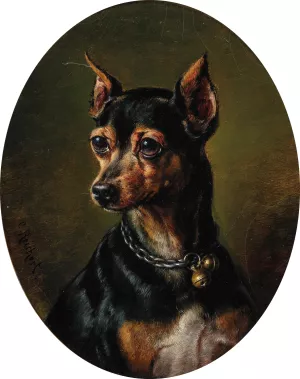 Pinscher in Collar with Bells by Carl Reichert Oil Painting