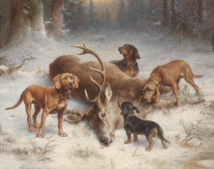 Schweishunde mit erlegtem Hirsch by Carl Reichert Oil Painting