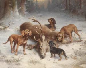 Schweishunde mit erlegtem Hirsch Oil painting by Carl Reichert