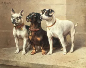 Three watchful dogs by Carl Reichert Oil Painting