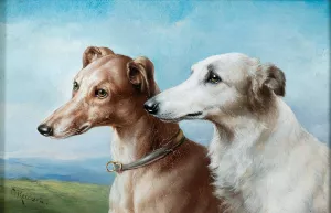 Two Greyhounds by Carl Reichert Oil Painting