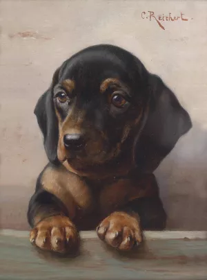 Young Dachshund by Carl Reichert Oil Painting