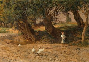 Das kleine Ganseliesel unter Weiden by Carl Rudolf Huber Oil Painting