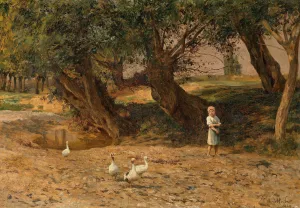 Das kleine Ganseliesel unter Weiden by Carl Rudolf Huber Oil Painting