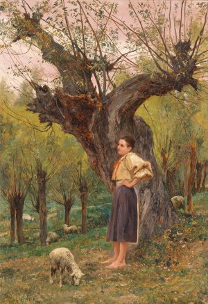 Junges Madchen vor einer Weide stehend by Carl Rudolf Huber Oil Painting