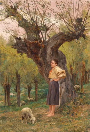 Junges Madchen vor einer Weide stehend by Carl Rudolf Huber Oil Painting