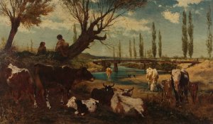 Kuhherde am Wasser by Carl Rudolf Huber Oil Painting