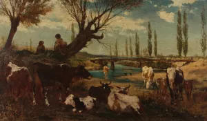 Kuhherde am Wasser by Carl Rudolf Huber Oil Painting