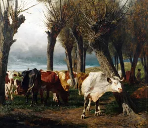 Rinderherde unter Kopfweiden by Carl Rudolf Huber Oil Painting