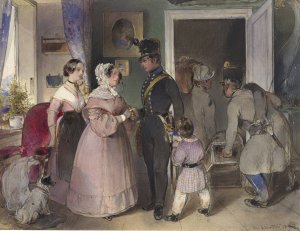 A Young Officer Saying Farewell To His Family by Carl Schindler Oil Painting