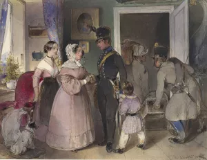 A Young Officer Saying Farewell To His Family by Carl Schindler Oil Painting