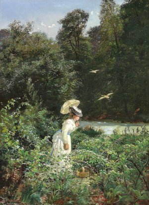 Ung dame i hvid kjole plukker hindbaer i Ordrup Krat by Carl Schlichting-Carlsen Oil Painting