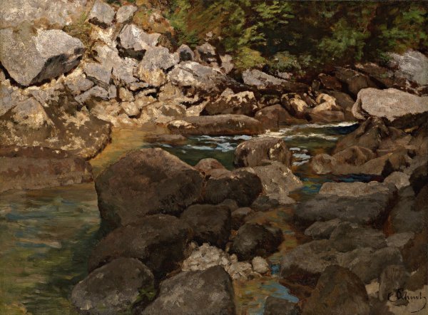 Mountain Stream with Boulders  by Carl Schuch - Hand-Painted Oil Painting Reproduction