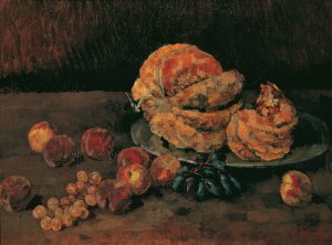 Stillleben mit Kurbis, Pfirsich und Weintrauben by Carl Schuch Oil Painting