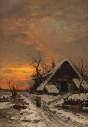 Evening winter landscape by Carl Schultze Oil Painting