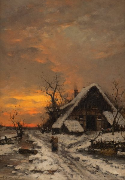 Evening winter landscape  by Carl Schultze - Hand-Painted Oil Painting Reproduction