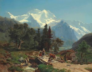 Drovers On A Bridge In An Alpine Landscape by Carl Schweich Oil Painting