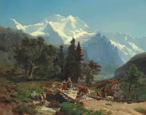 Drovers On A Bridge In An Alpine Landscape by Carl Schweich Oil Painting