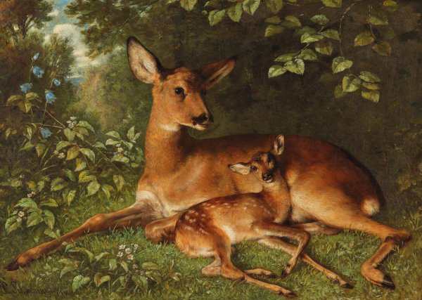 Main Product Photo of A Doe with Fawn Painting by Carl Schweninger