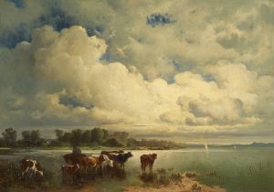 Wasserlandschaft mit Kuhen by Carl Schweninger Oil Painting