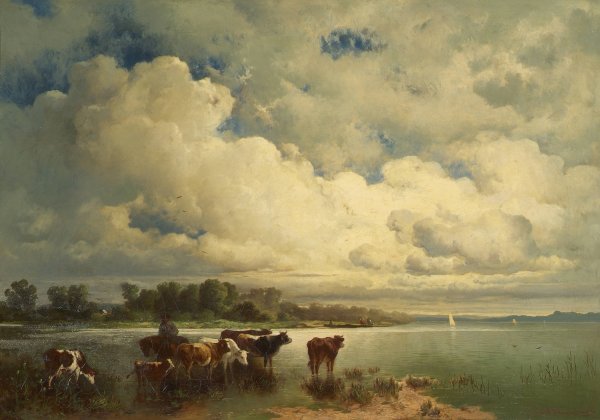 Wasserlandschaft mit Kuhen by Carl Schweninger - Hand-Painted Oil Painting Reproduction