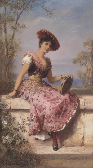 Young tambourine player by Carl Schweninger Oil Painting