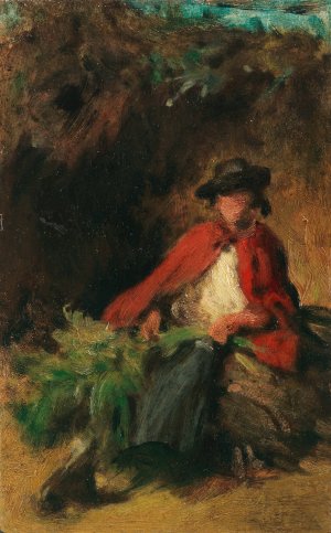 Sitzendes Madchen mit rotem Umhang, einen Hasen vor sich by Carl Spitzweg Oil Painting