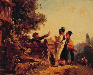 Swabian Girls at a Garden Fence by Carl Spitzweg Oil Painting