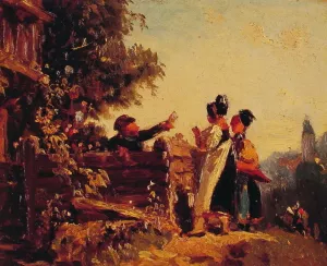 Swabian Girls at a Garden Fence Oil painting by Carl Spitzweg