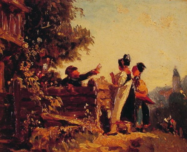 Main Product Photo of Swabian Girls at a Garden Fence Painting by Carl Spitzweg