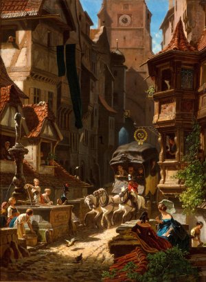 The arrival of the stagecoach by Carl Spitzweg Oil Painting