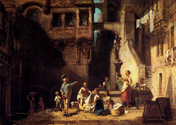 Wascherinnen am Brunnen by Carl Spitzweg - Hand-Painted Oil Painting Reproduction