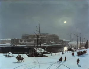 View of the Royal Palace of Stockholm. Winter by Carl Stefan Bennet Oil Painting
