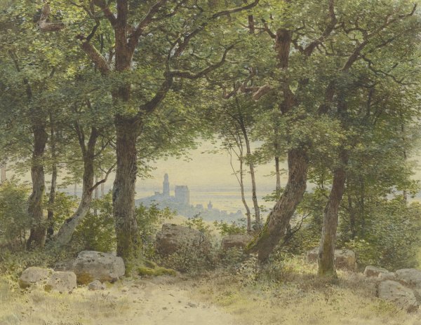 Ansicht von Kronberg mit weitem Blick in die Ferne vom Ausgang des Falkensteiner Waldes gesehen  by Carl Theodor Reiffenstein - Hand-Painted Oil Painting Reproduction