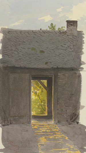 Blick durch die geoffneten Turen einer Scheune im Abendlicht by Carl Theodor Reiffenstein Oil Painting