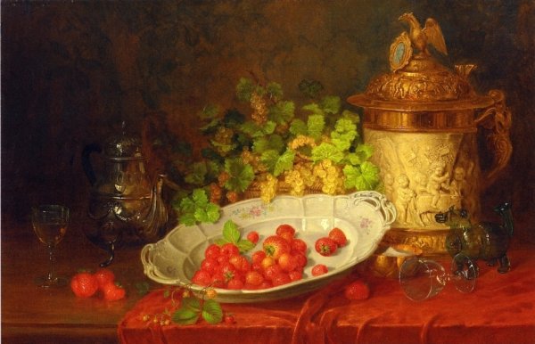 Main Product Photo of Strawberries, Grapes and an Ornamental Jug on a Draped Table Painting by Carl Thoma-Hofele