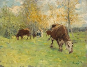 Landskap med kor by Carl Tragardh Oil Painting