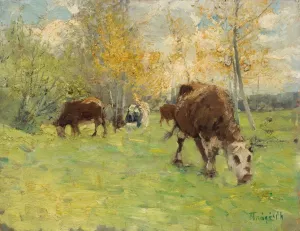 Landskap med kor Oil painting by Carl Tragardh
