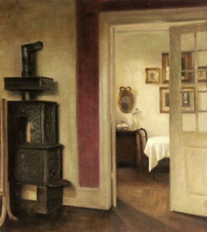 An Interior with a Stove and a View into a Dining Room